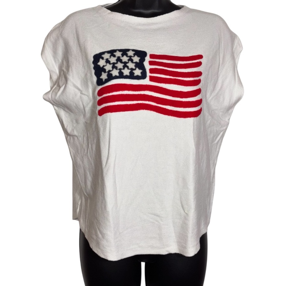 Aaeda American Flag Sweater Cap Sleeve Crisp White Super Soft Women’s Size Small